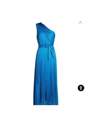 INTERMIX One-Shoulder Pleated Teal Dress with Waist Tie